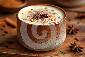Egg Nog drink. Traditional Gogol-Mogol in ceramic cup, with rich frothy texture and sprinkle of cinnamon on top, set on