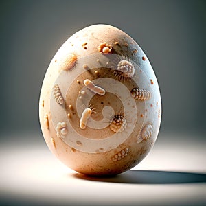 Salmonella Enteritidis. Listeria monocytogenes. Egg object with etched microbes, symbolizing scientific study in microbiology