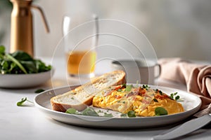 Egg omelet. The breakfast is beautifully served in the restaurant. Generative AI