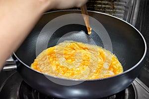 Egg Omelette Cooking in a Coated Frying Pan