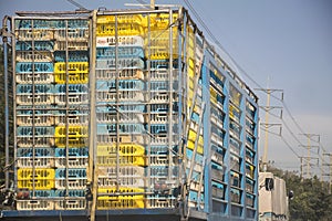 Egg pallets on truck. Transportation of agricultural.