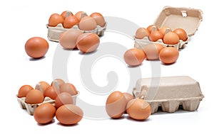 Egg in paper box isolated in white background. Eggs in carton. Green packaging. Chicken eggs from organic farm. Brown cardboard