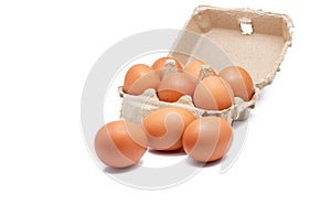 Egg in paper box isolated in white background. Eggs in carton. Green packaging. Chicken eggs from organic farm. Brown cardboard