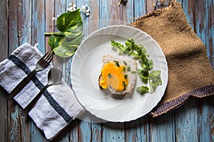 Egg poach on bread with condiments on a background photo