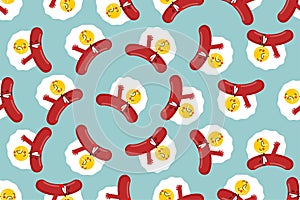 Egg and sausage love pattern seamless. Fried egg and bacon background. breakfast texture