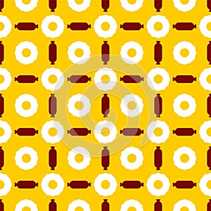 Egg and sausage pattern seamless. Fried egg and bacon background. breakfast texture