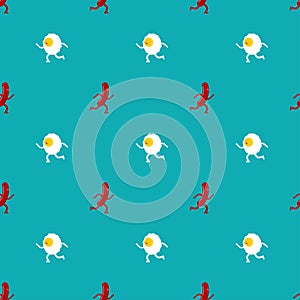 Egg and sausage pattern seamless. Fried egg and bacon background. breakfast texture