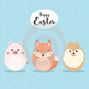 Egg Shaped animals Character Set for Easter day, Easter eggs paint. A Cute Pig, Fox and Dog character on sky blue background Flat