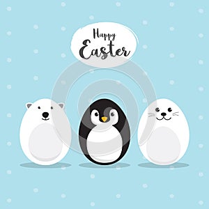 Egg Shaped animals Character Set for Easter day, Easter eggs paint. A Cute Polar Bear, Penguin, Baby Seal Pup character on sky