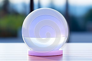 an egg shaped lamp on a table in front of a window