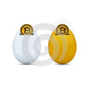 Egg shaped piggy bank icons with bitcoin