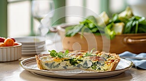 Egg and spinach quiche with cherry tomatoes on a plate in the kitchen. A healthy breakfast menu.