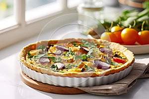 Egg and spinach quiche with cherry tomatoes on a plate in the kitchen. A healthy breakfast menu.