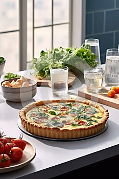 Egg and spinach quiche with cherry tomatoes on a plate in the kitchen. A healthy breakfast menu.