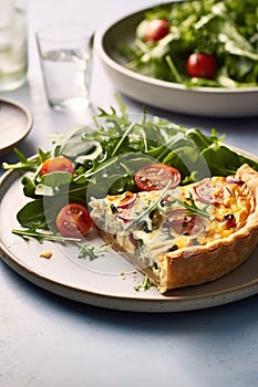 Egg and spinach quiche with cherry tomatoes on a plate in the kitchen. A healthy breakfast menu.