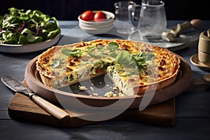 Egg and spinach quiche with cherry tomatoes on a plate in the kitchen. A healthy breakfast menu.