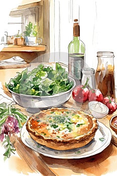 Egg and spinach quiche with cherry tomatoes on a plate in the kitchen. A healthy breakfast menu.