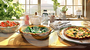 Egg and spinach quiche with cherry tomatoes on a plate in the kitchen. A healthy breakfast menu.