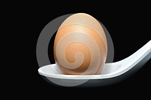 The egg in a spoon and black background.