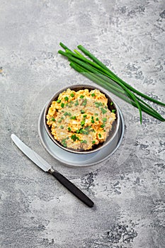 Egg spread with green onions and curry on grey background