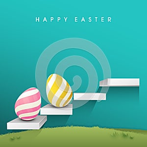 Egg Step on Stairs with Green and Blue Field View Illustration for Happy Easter