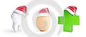 Egg, Tooth,Medical cros santa hat on a white background 3D illustration
