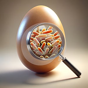 Egg under magnification showing bacteria, symbolizing the importance of hygiene. Salmonella Enteritidis. Listeria monocytogenes