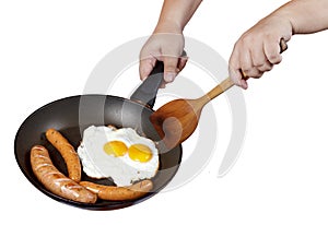 Egg and veal sausage breakfast isolated