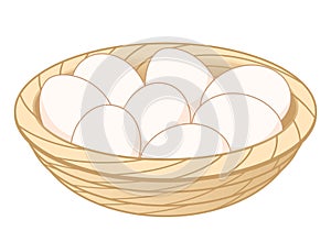 egg, white hen eggs in a wicker basket bowl, color vector illustration isolated on white