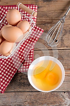 Egg yolk for cooking on white bowl. Top view.