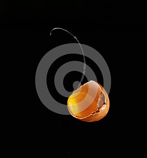 Egg yolk dripping, falling on black background.