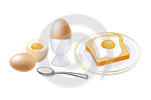 Breakfast set with eggs and toast isolated on a white background