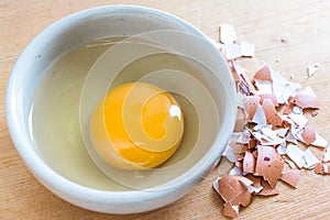 Egg Yolk In White Bowl And Eggshell