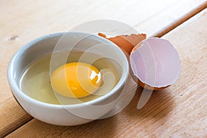 Egg Yolk In White Bowl And Eggshell