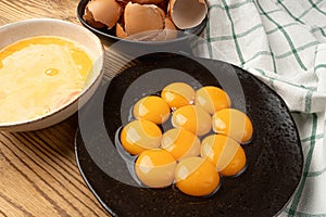 Egg Yolks in Bowl, Fresh Chicken Egg Yolk Separated from Whites for Cooking Recipe, Organic Yolks Top View