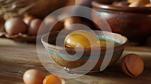 Egg yolks in a clay bowl on a wooden table