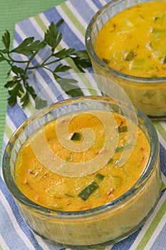 Egg yolks with leek and saffron in bowls photo
