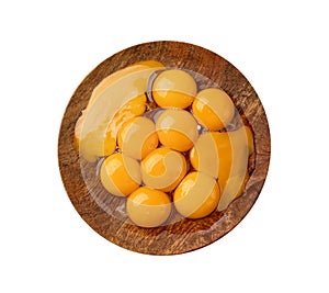 Egg Yolks on Plate Isolated, Fresh Chicken Egg Yolk Separated from Whites on Wooden Rustic Plate