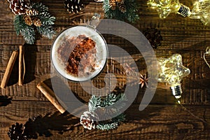 Eggnog Christmas drink on wooden background