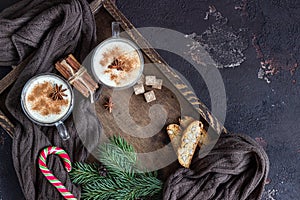 Eggnog. Christmas milk cocktail with cinnamon, served in two glass mugs