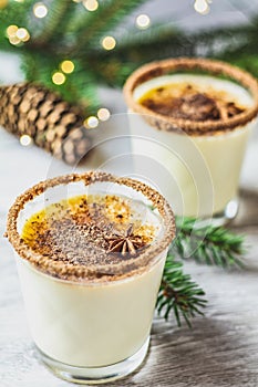 Eggnog with cinnamon and nutmeg for Christmas and winter holidays. Homemade eggnog in glasses on wooden table surface, shallow