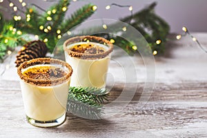 Eggnog with cinnamon and nutmeg for Christmas and winter holidays. Homemade eggnog in glasses on wooden table surface, shallow