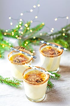 Eggnog with cinnamon and nutmeg for Christmas and winter holidays. Homemade eggnog in glasses on wooden table surface, shallow