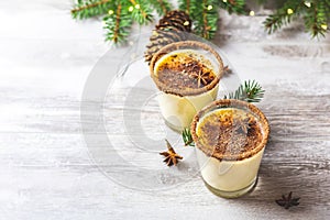 Eggnog with cinnamon and nutmeg for Christmas and winter holidays. Homemade eggnog in glasses on wooden table surface, shallow