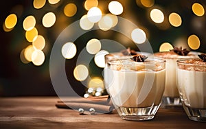 Eggnog topped with cinnamon on wooden table with gold bokeh on the background