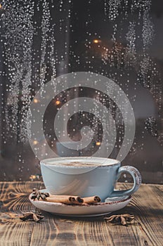 Eggnog. Traditional christmas cocktail in a blue mug with cinnamon sticks and anise on napkin and wooden table. Background of