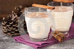 Eggnog traditional xmas homemade winter egg, milk, rum, vanilla alcohol liqueur preparation recipe in two glass cups with cinnamon