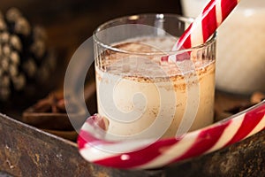 Eggnog traditional xmas homemade winter egg, milk, rum, vanilla alcohol liqueur preparation recipe in two glass cups with cinnamon