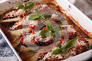 eggplant alla Parmigiana Melanzane close up in baking dish. horizontal photo