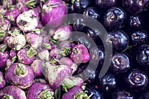 Eggplant, aubergine background in the market. Organic food